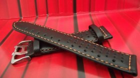 Black perforated Leather strap in 20mm orange stitching